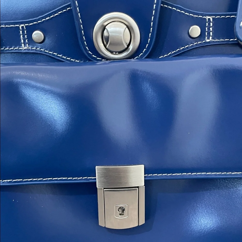 McKlein Edgebrook Navy Leather Rolling Briefcase Laptop Bag Lock Key - Picture 5 of 16